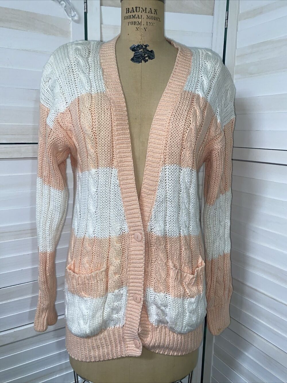 VINTAGE 80s Hunters Run Sweater Women’s White Peach Cardigan Ramie Cotton Medium